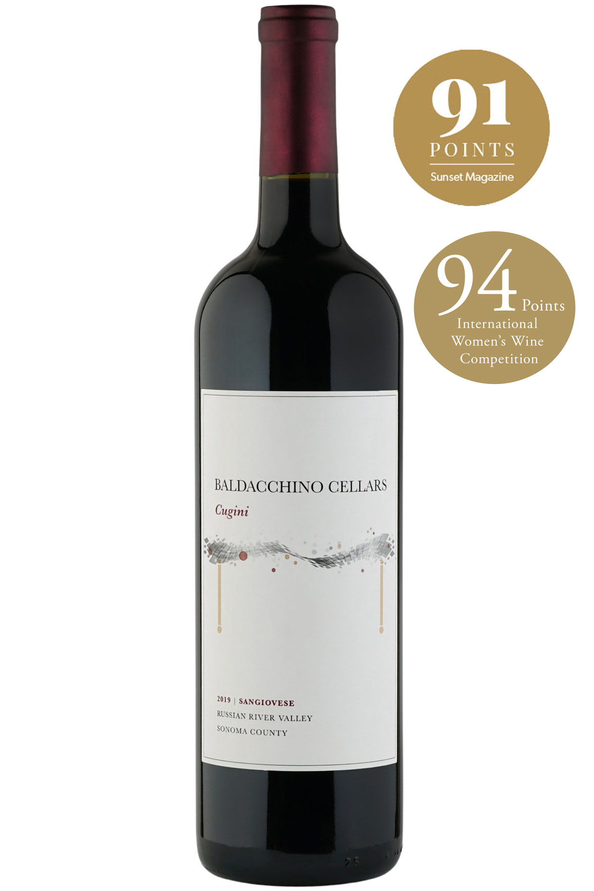 Bottle of Baldacchino Cellars 2019 Sangiovese with wine scores
